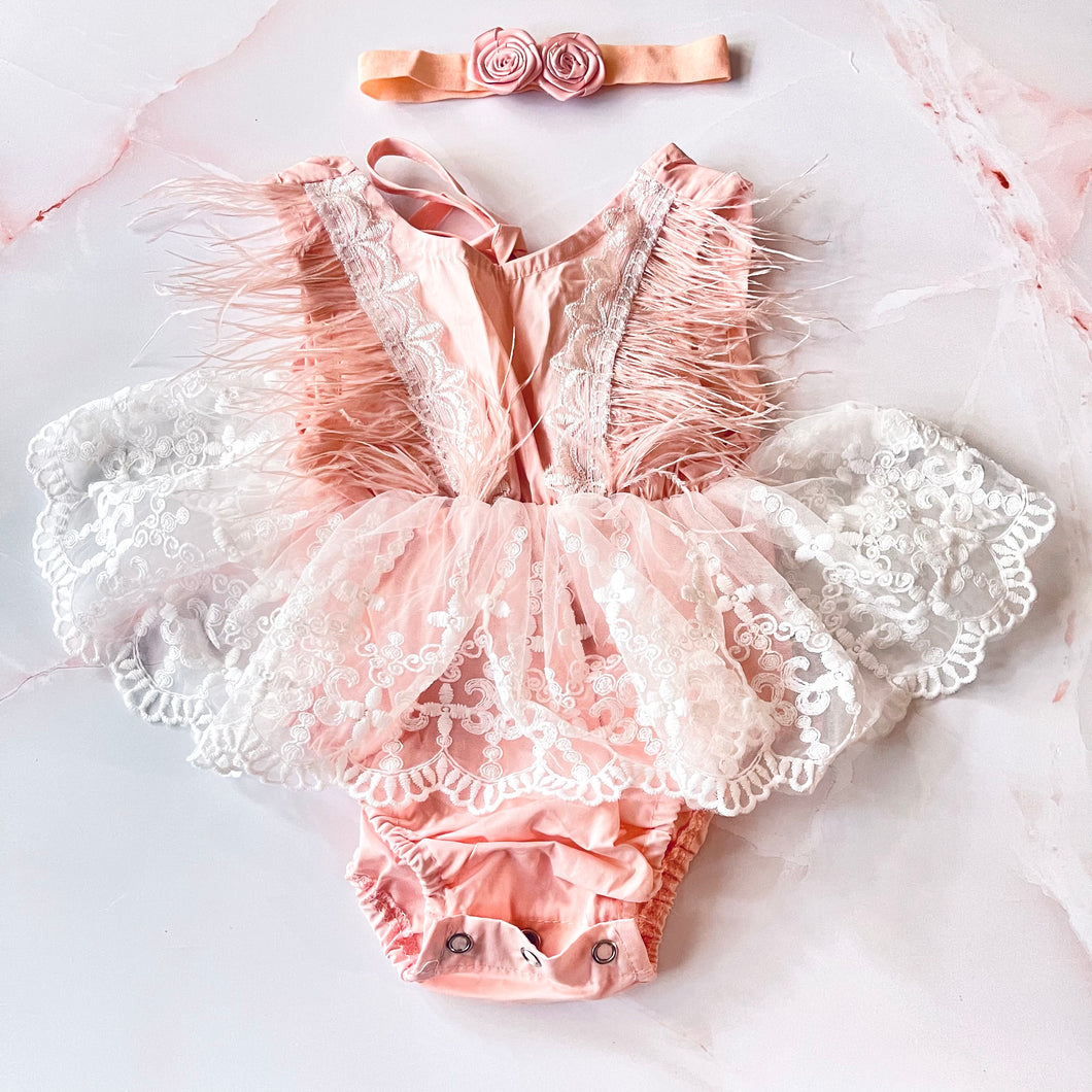 Lillian Feather Romper + headband